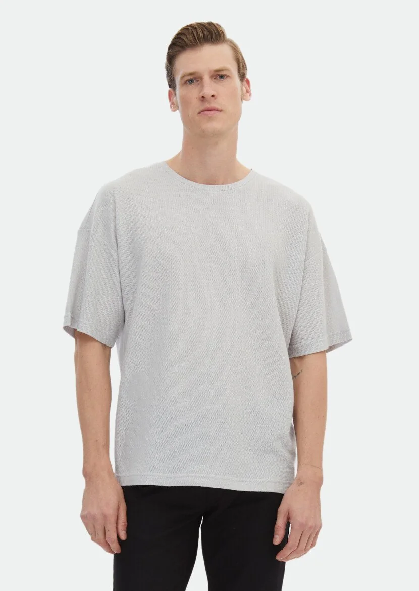 Light Grey Jacquard Crew Neck 100% Cotton T-Shirt 