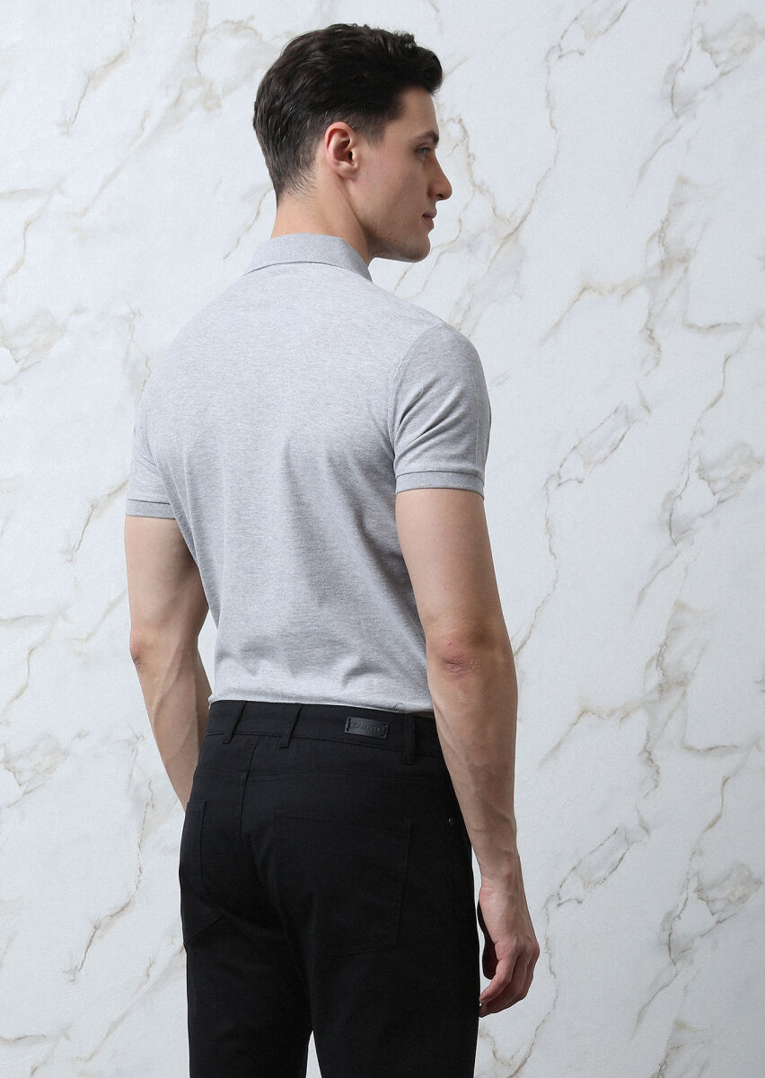 Light Grey Jacquard Polo Neck 100% Cotton T-Shirt - 5