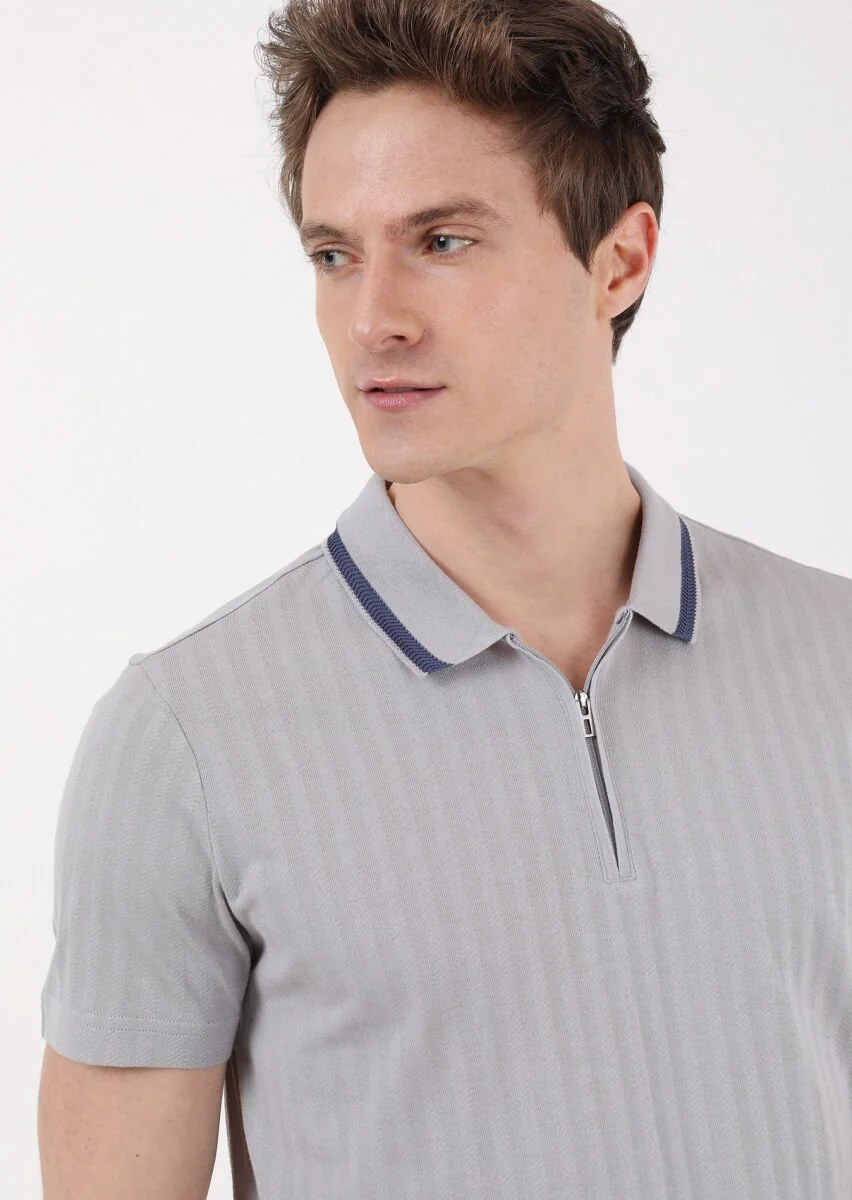 Light Grey Jacquard Polo Neck 100% Cotton T-Shirt - 3