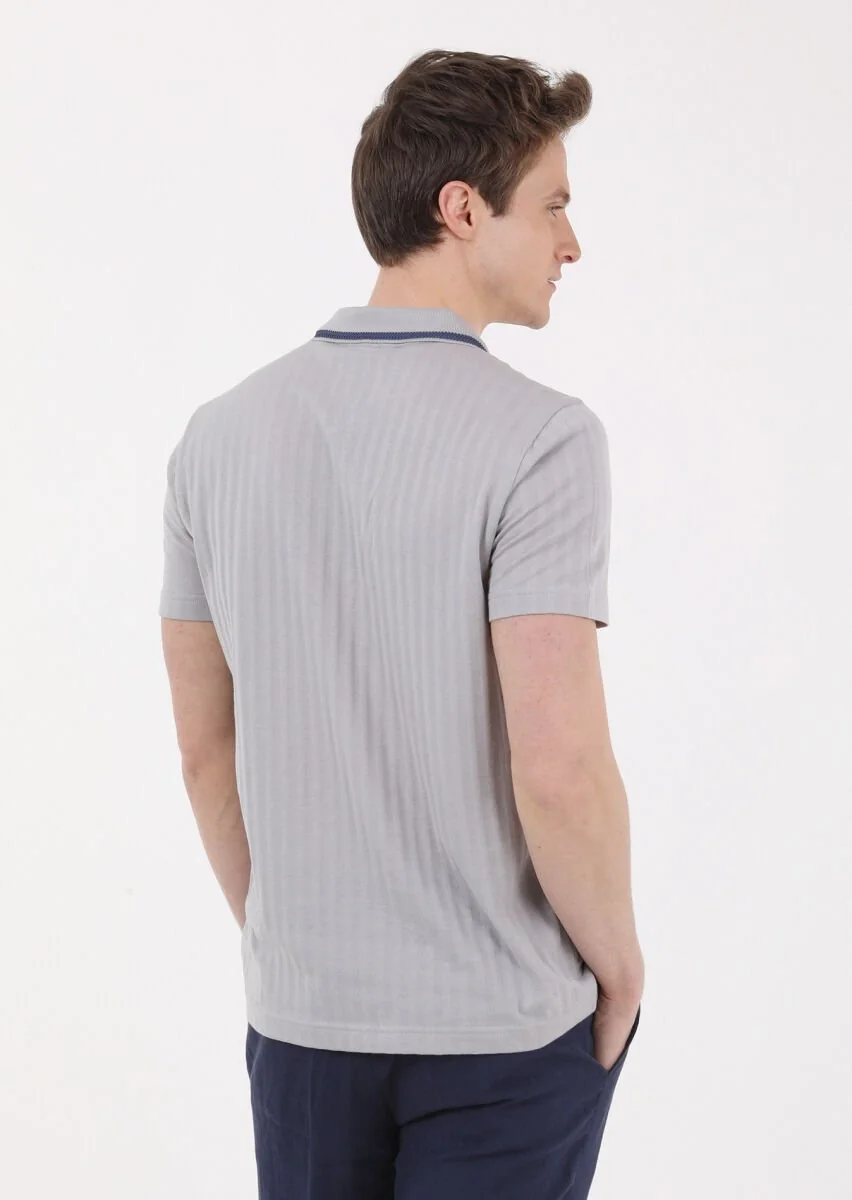 Light Grey Jacquard Polo Neck 100% Cotton T-Shirt - 5