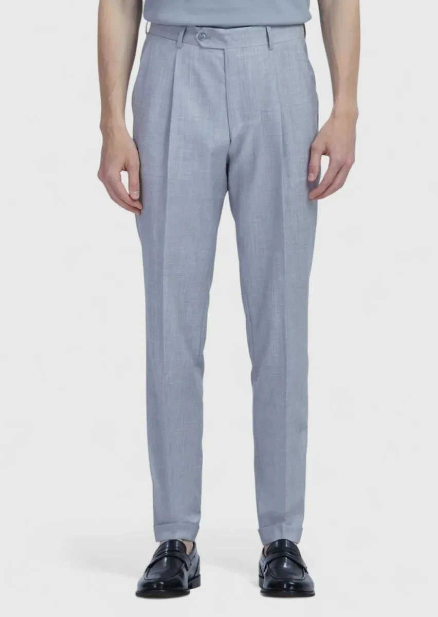 Light Grey Material Slim Fit Casual 100% Wool Trousers - 2