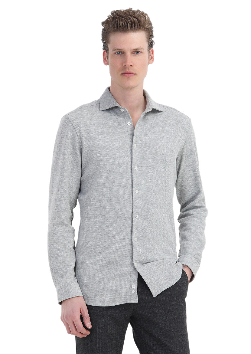 Light Grey Micro Regular Fit Knitting Casual Cotton Blended Shirt - 1