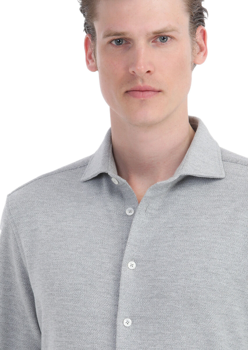 Light Grey Micro Regular Fit Long Knitting Casual Cotton Blended Shirt - 4