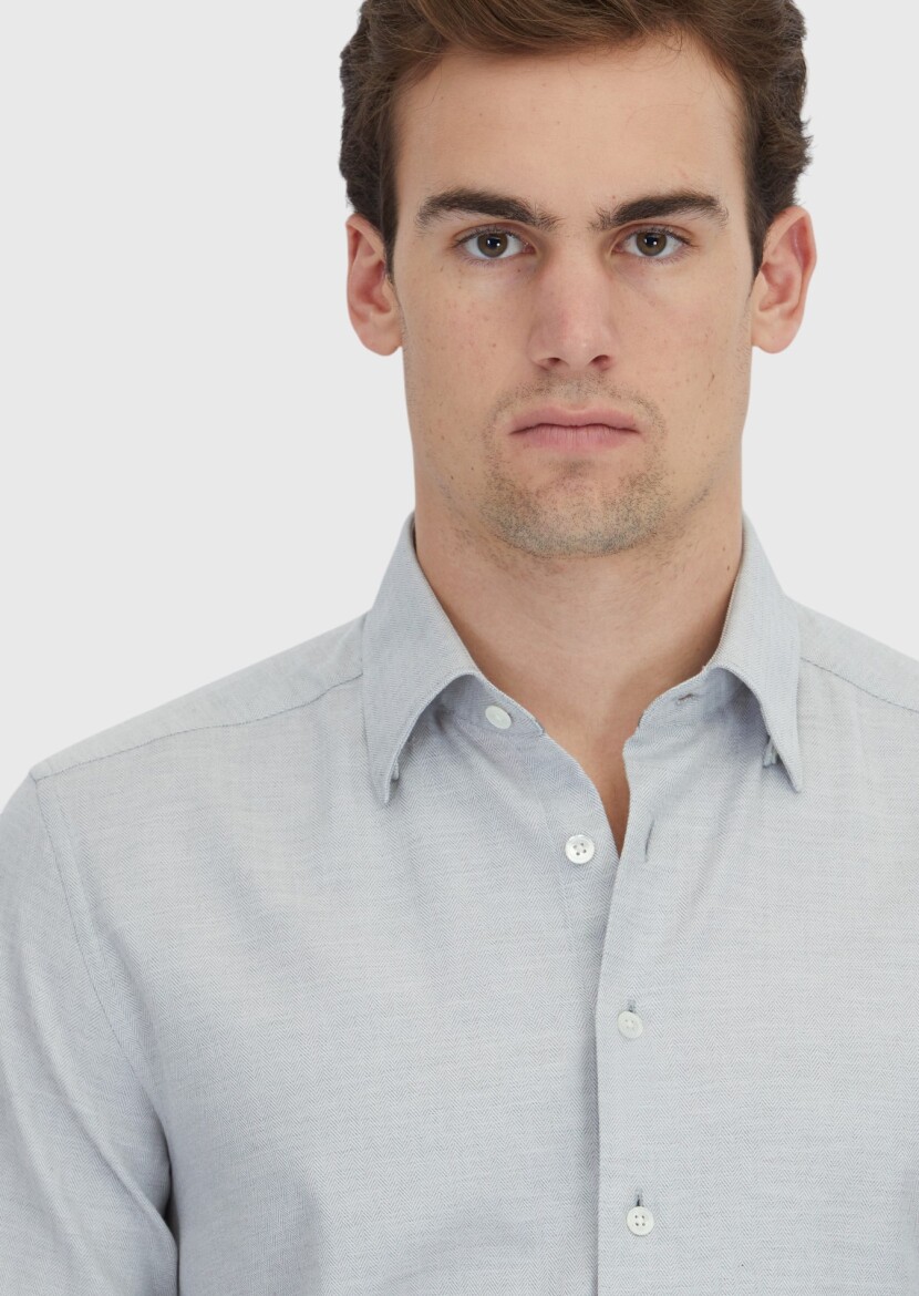 Light Grey Patterned Casual Fit Long Weaving Casual 100% Cotton Shirt - 3