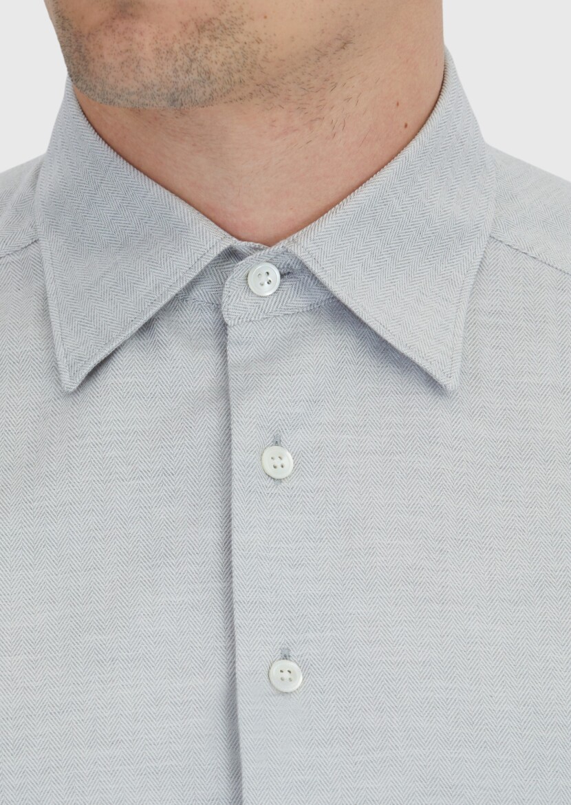 Light Grey Patterned Casual Fit Long Weaving Casual 100% Cotton Shirt - 4