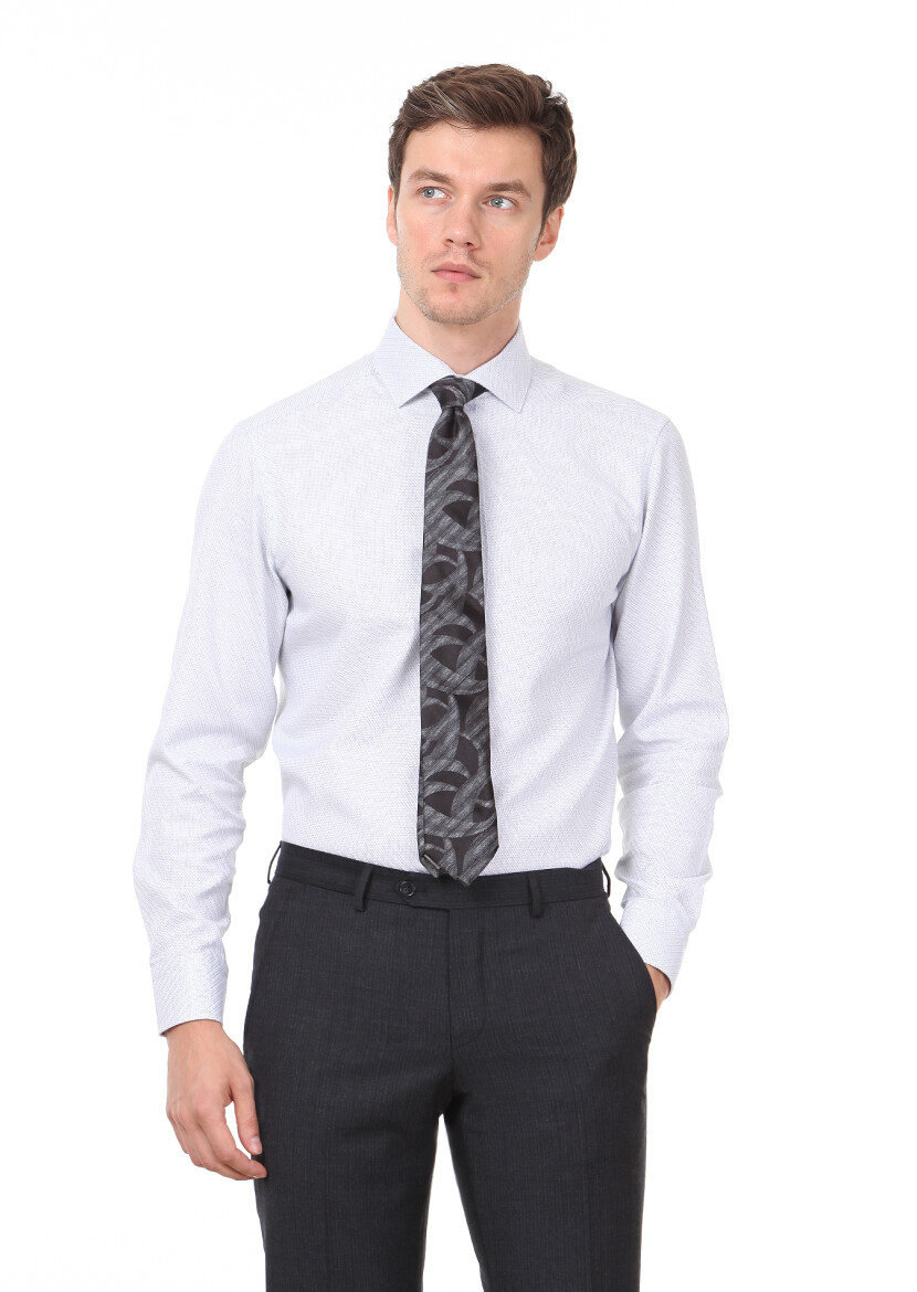 Light Grey Patterned Regular Fit Long Weaving Classical 100% Cotton Shirt - 1