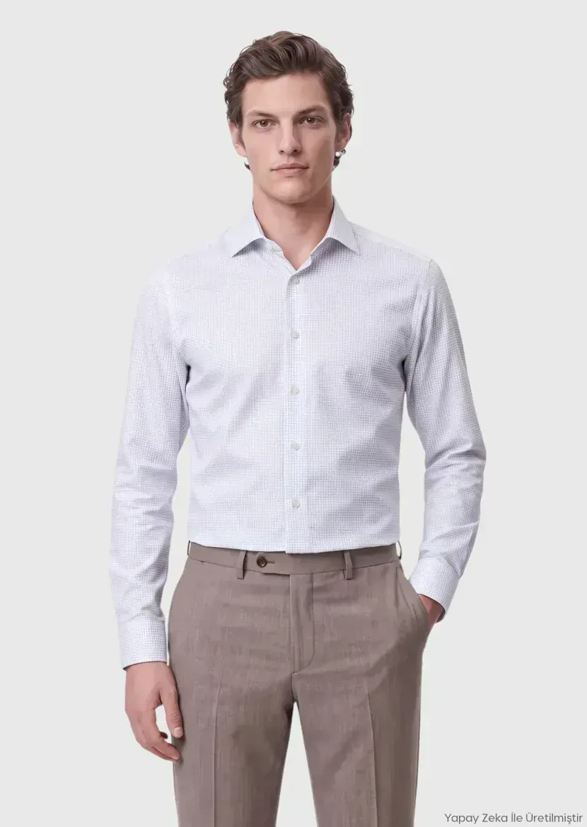 Light Grey Patterned Regular Fit Long Weaving Classical 100% Cotton Shirt - RAMSEY
