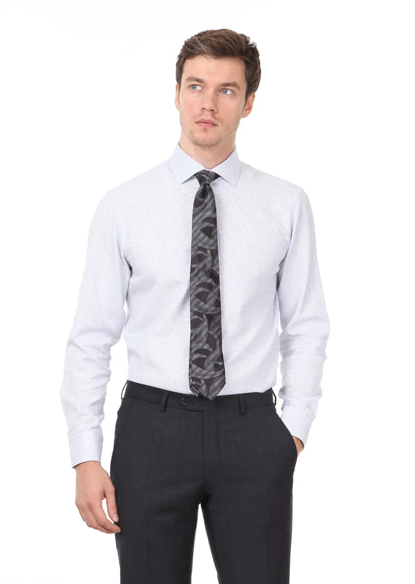 Light Grey Patterned Regular Fit Weaving Classical 100% Cotton Shirt - 1