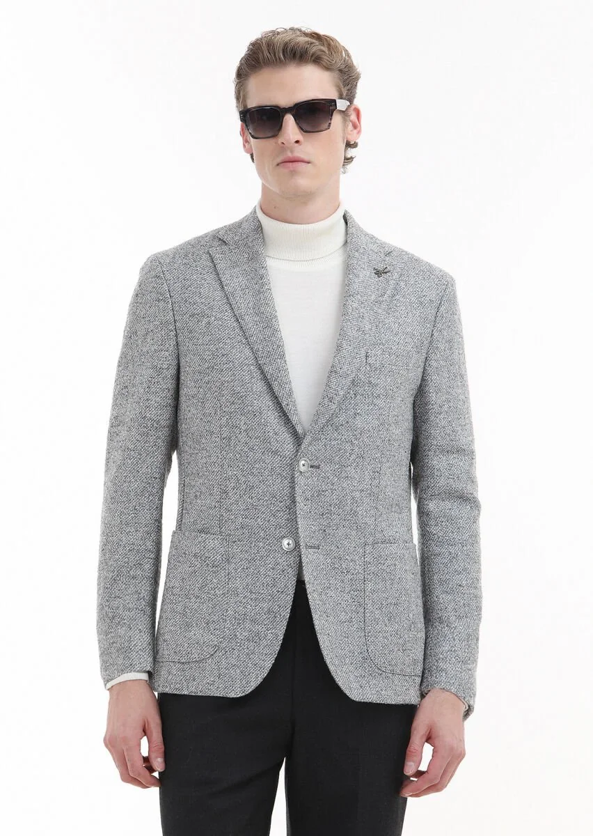 Light Grey Patterned Shirt Shoulder Slim Fit 100% Wool Jacket - 1