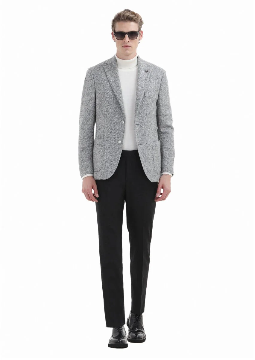 Light Grey Patterned Shirt Shoulder Slim Fit 100% Wool Jacket - 2