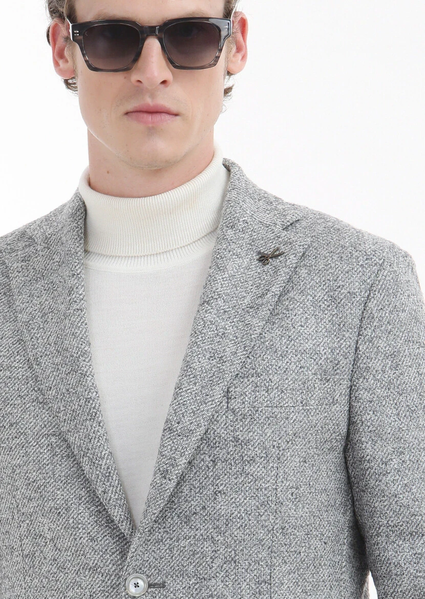 Light Grey Patterned Shirt Shoulder Slim Fit 100% Wool Jacket - 3