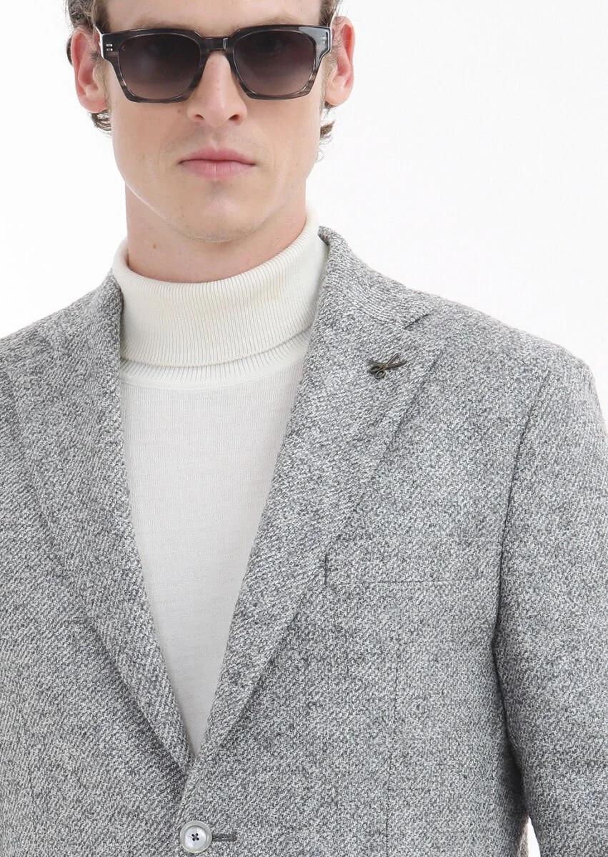 Light Grey Patterned Shirt Shoulder Slim Fit 100% Wool Jacket - 3