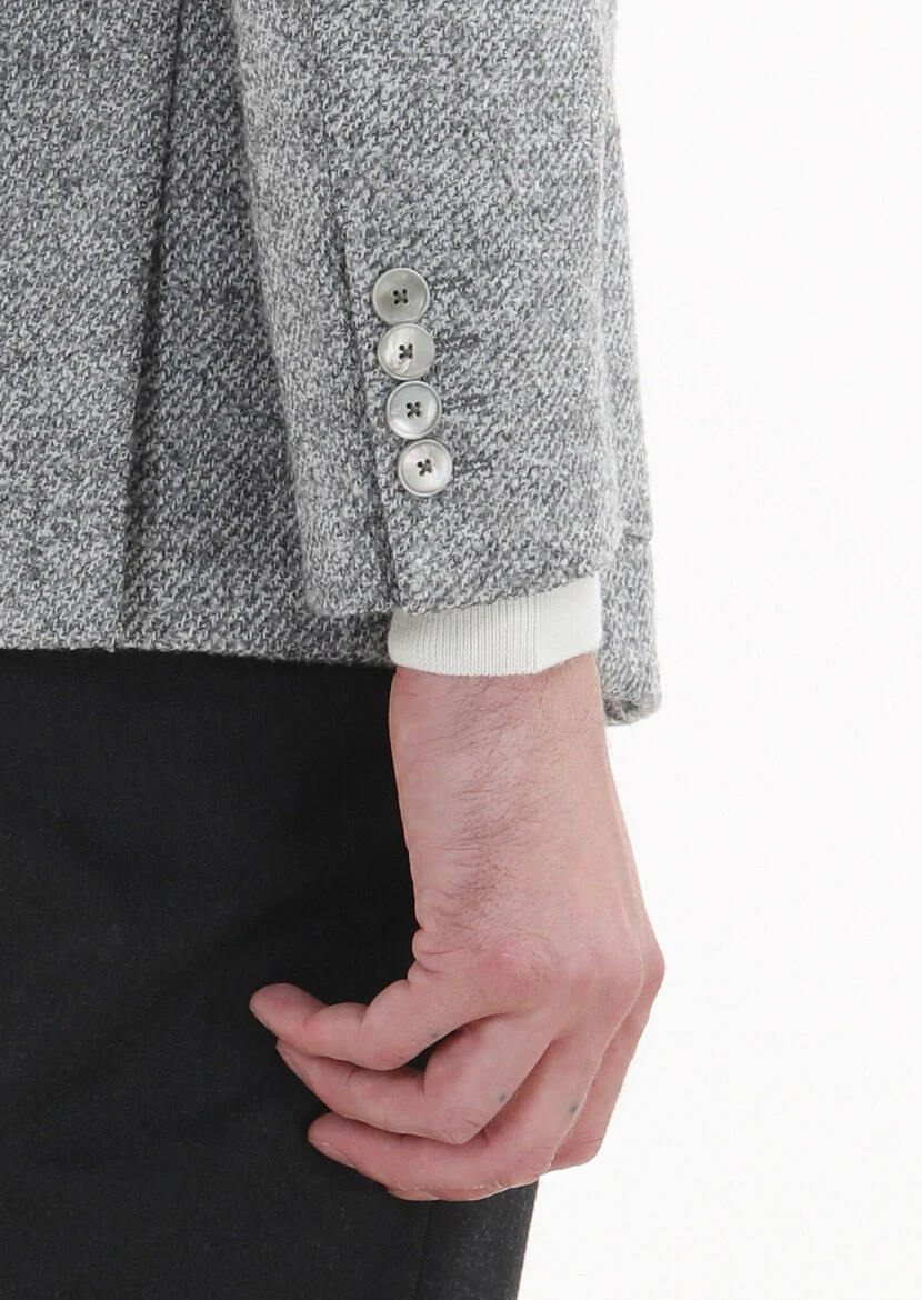 Light Grey Patterned Shirt Shoulder Slim Fit 100% Wool Jacket - 4