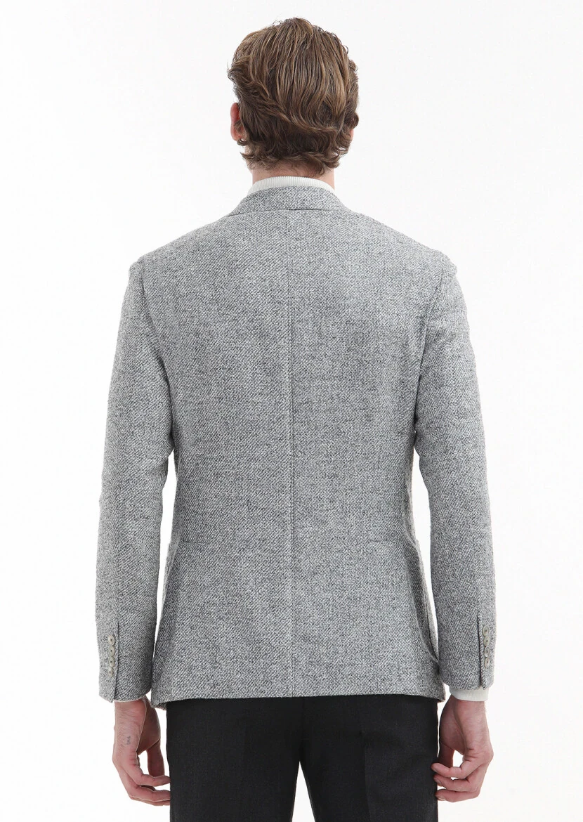 Light Grey Patterned Shirt Shoulder Slim Fit 100% Wool Jacket - 5