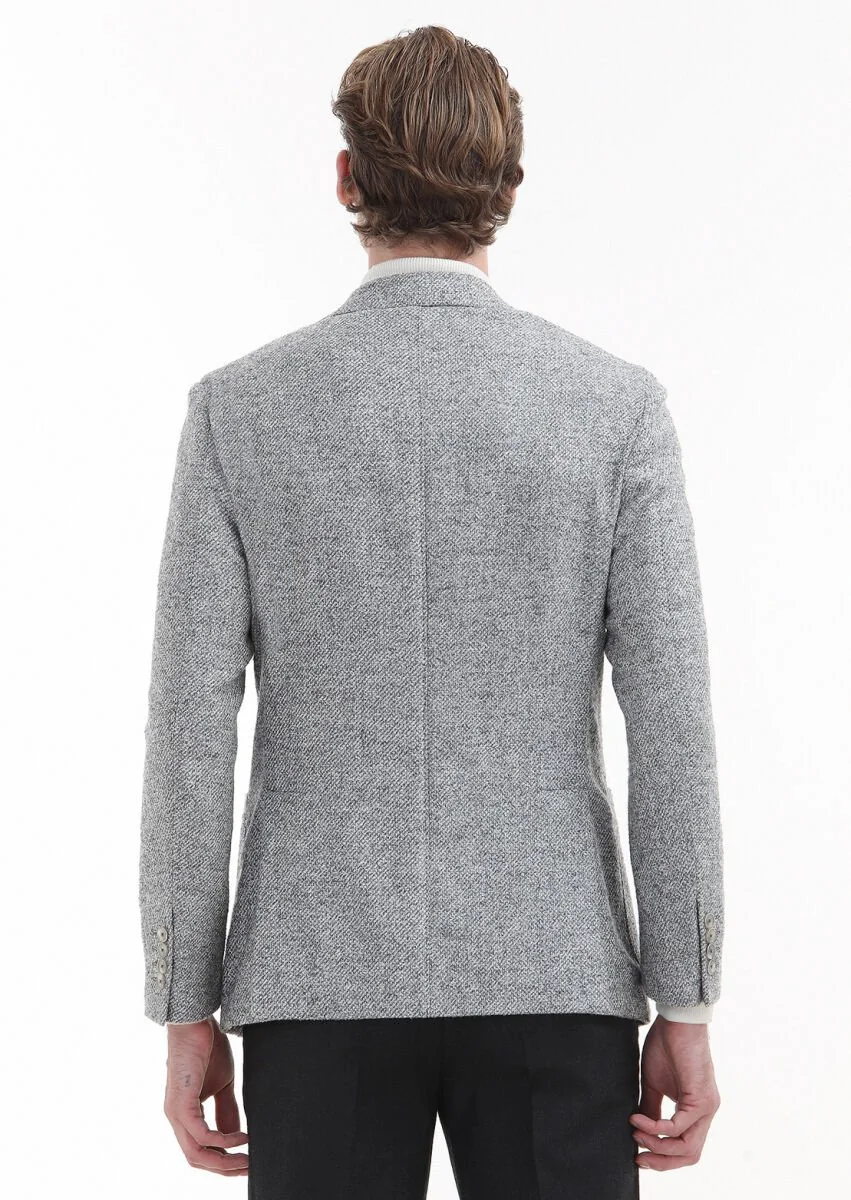 Light Grey Patterned Shirt Shoulder Slim Fit 100% Wool Jacket - 5
