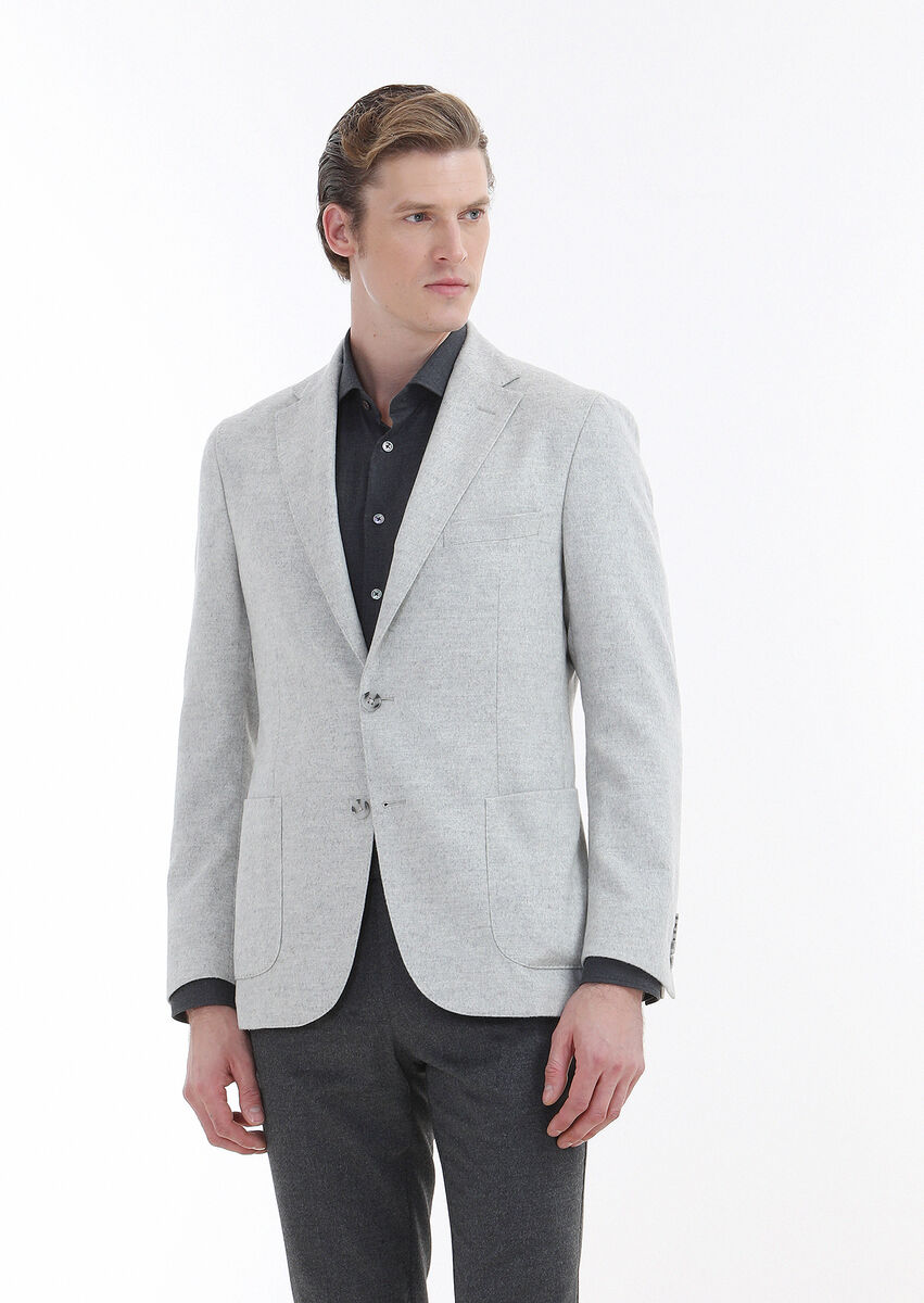 Light Grey Patterned Shirt Shoulder Slim Fit Silk Blended Jacket - 5