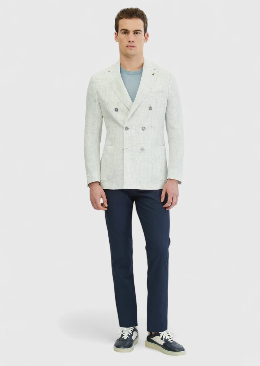 Light Grey Patterned Zeroweight Slim Fit 100% Linen Jacket - 2