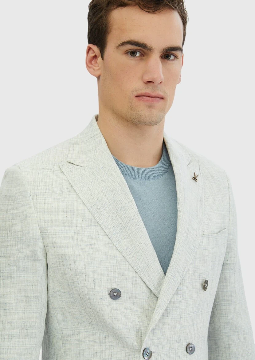 Light Grey Patterned Zeroweight Slim Fit 100% Linen Jacket - 3