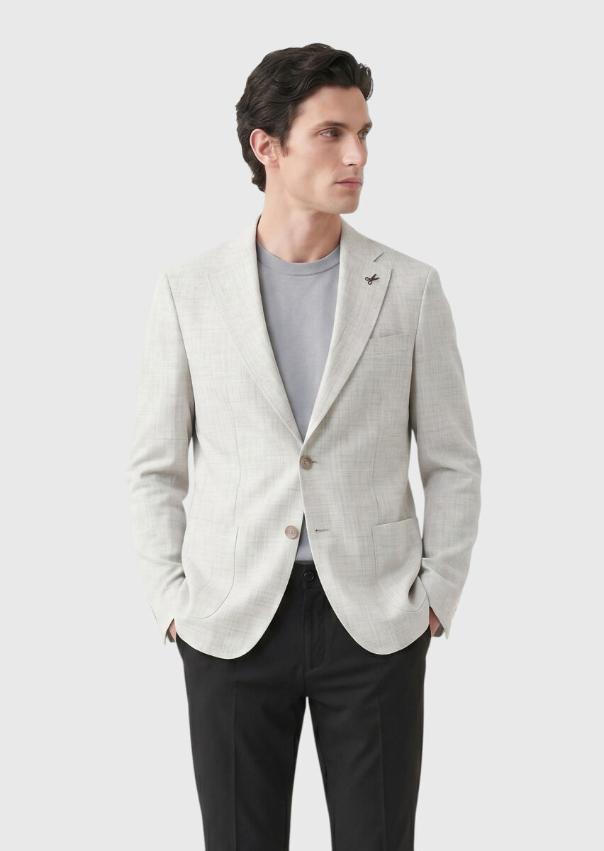 Light Grey Patterned Zeroweight Slim Fit 100% Linen Jacket - 2