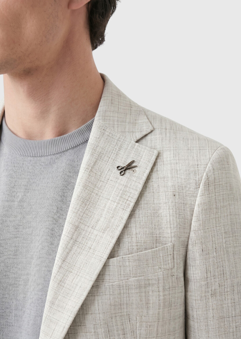 Light Grey Patterned Zeroweight Slim Fit 100% Linen Jacket - 3