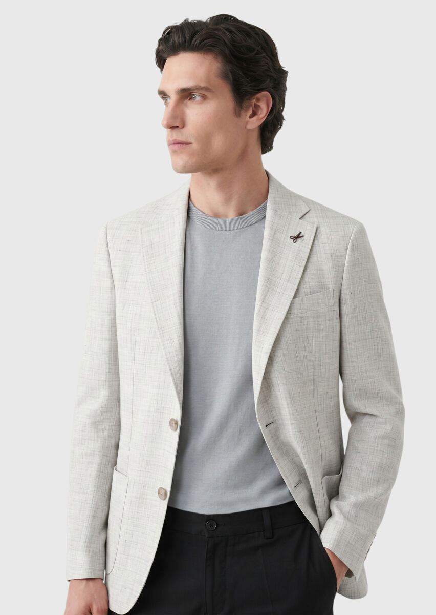 Light Grey Patterned Zeroweight Slim Fit 100% Linen Jacket - 4
