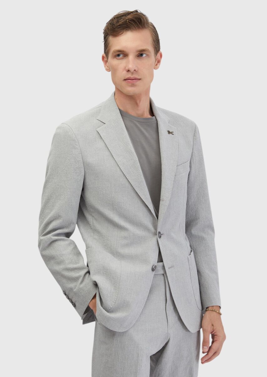 Light Grey Patterned Zeroweight Slim Fit Cotton Blended Suit - 1
