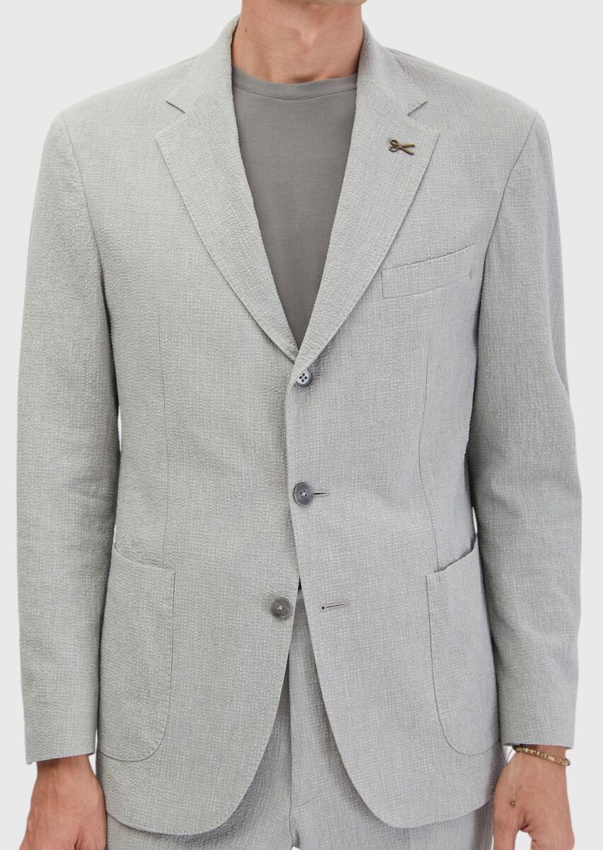 Light Grey Patterned Zeroweight Slim Fit Cotton Blended Suit - 5