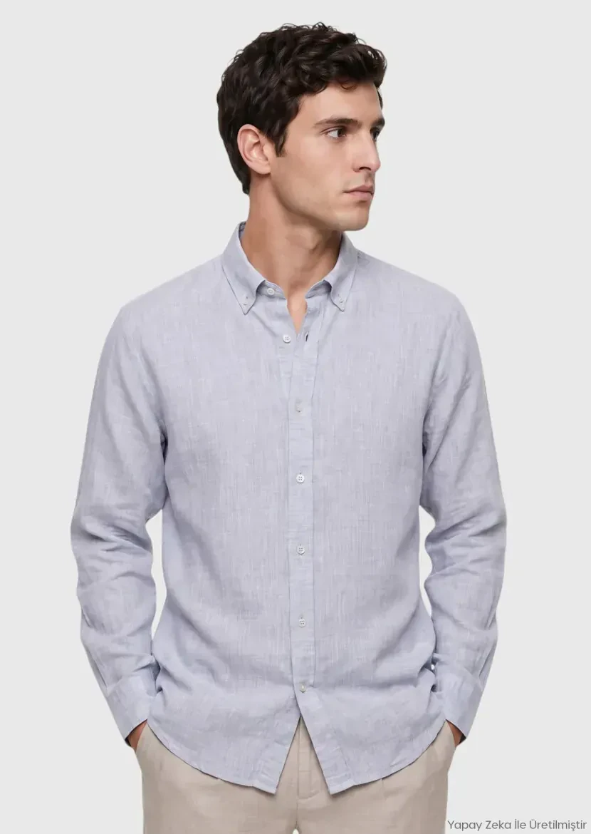 Light Grey Plain Casual Fit Long Weaving Casual 100% Linen Shirt - RAMSEY