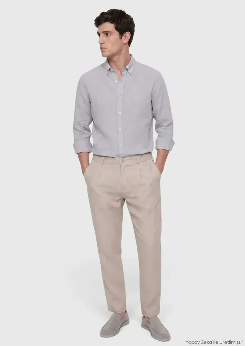Light Grey Plain Casual Fit Long Weaving Casual 100% Linen Shirt - RAMSEY