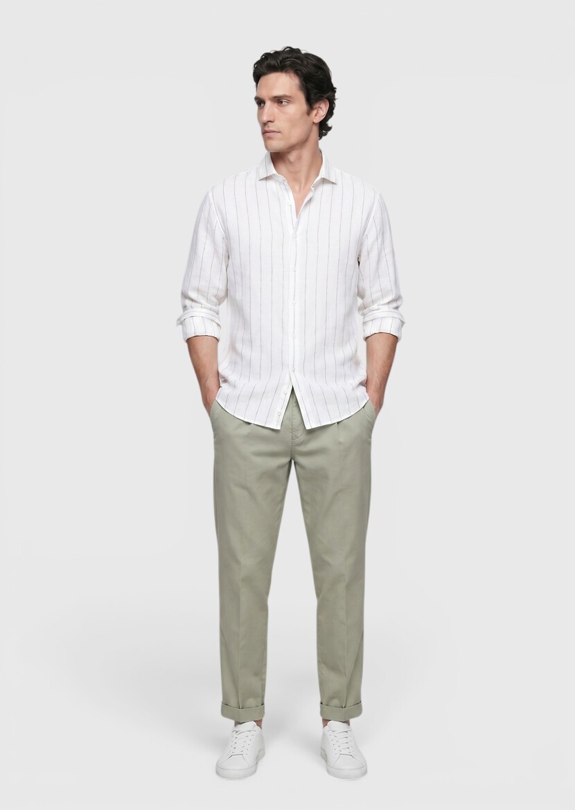 Light Grey Plain Casual Fit Long Weaving Casual 100% Linen Shirt - RAMSEY