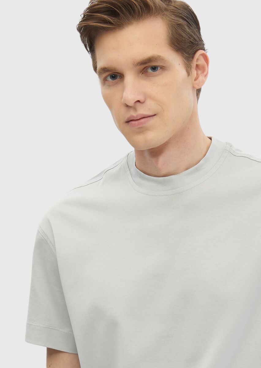 Light Grey Plain Crew Neck 100% Cotton T-Shirt - 1