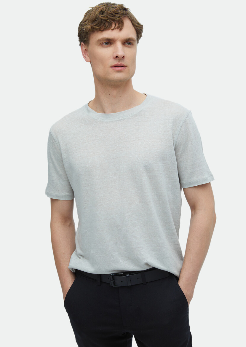 Light Grey Plain Crew Neck 100% Linen T-Shirt - 1