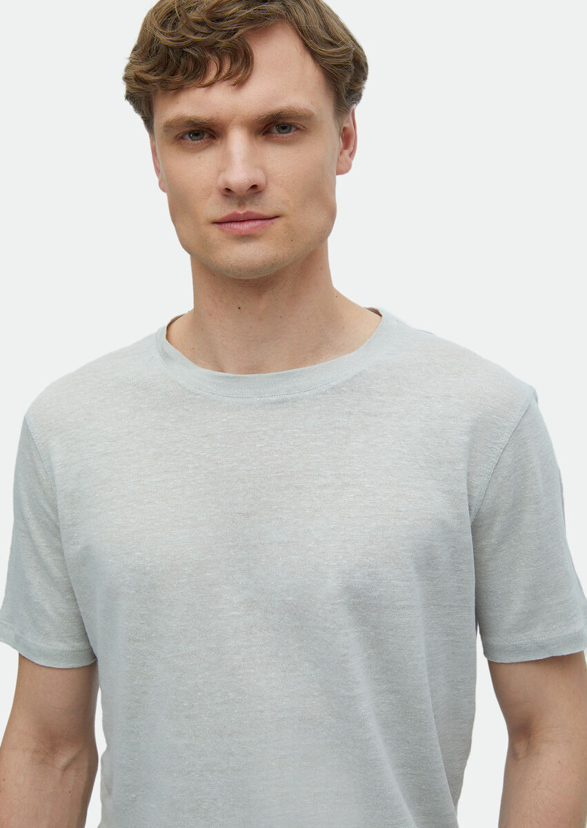 Light Grey Plain Crew Neck 100% Linen T-Shirt - 3