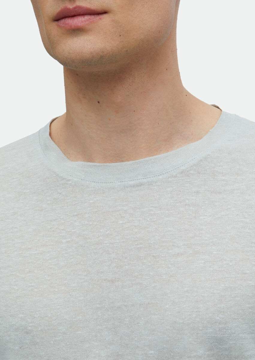 Light Grey Plain Crew Neck 100% Linen T-Shirt - 4