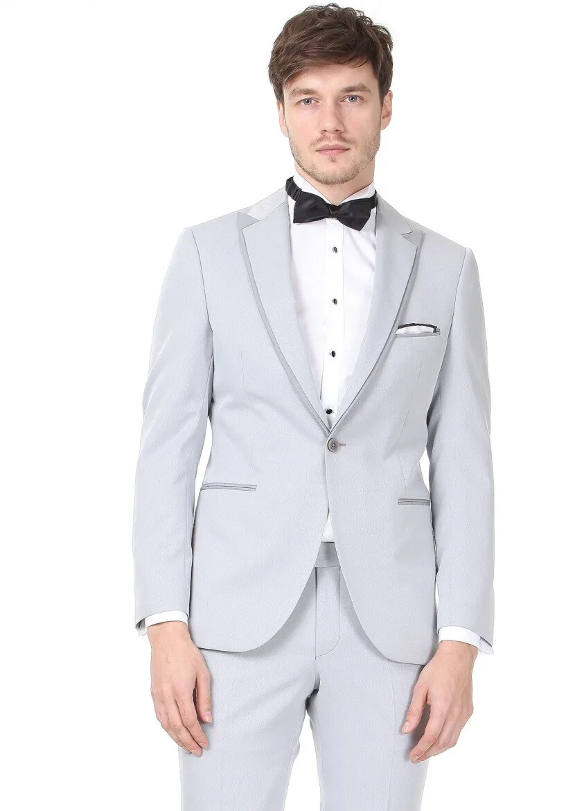 Light Grey Plain Dynamic Fit Double Breasted Collar Weaving Tuxedo - 1