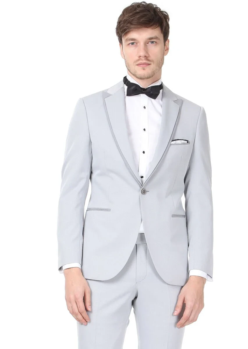Light Grey Plain Dynamic Fit Double Breasted Collar Weaving Tuxedo - 1