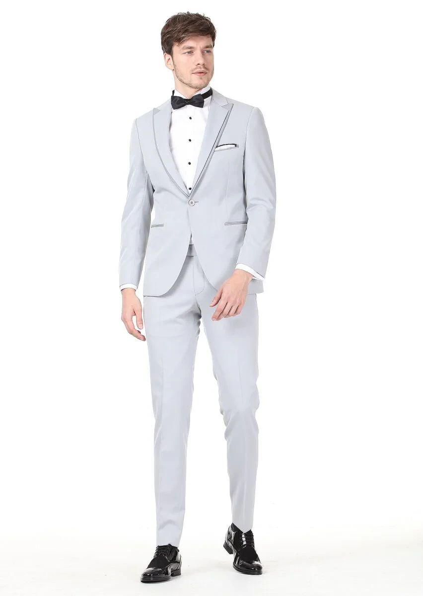 Light Grey Plain Dynamic Fit Double Breasted Collar Weaving Tuxedo - 2
