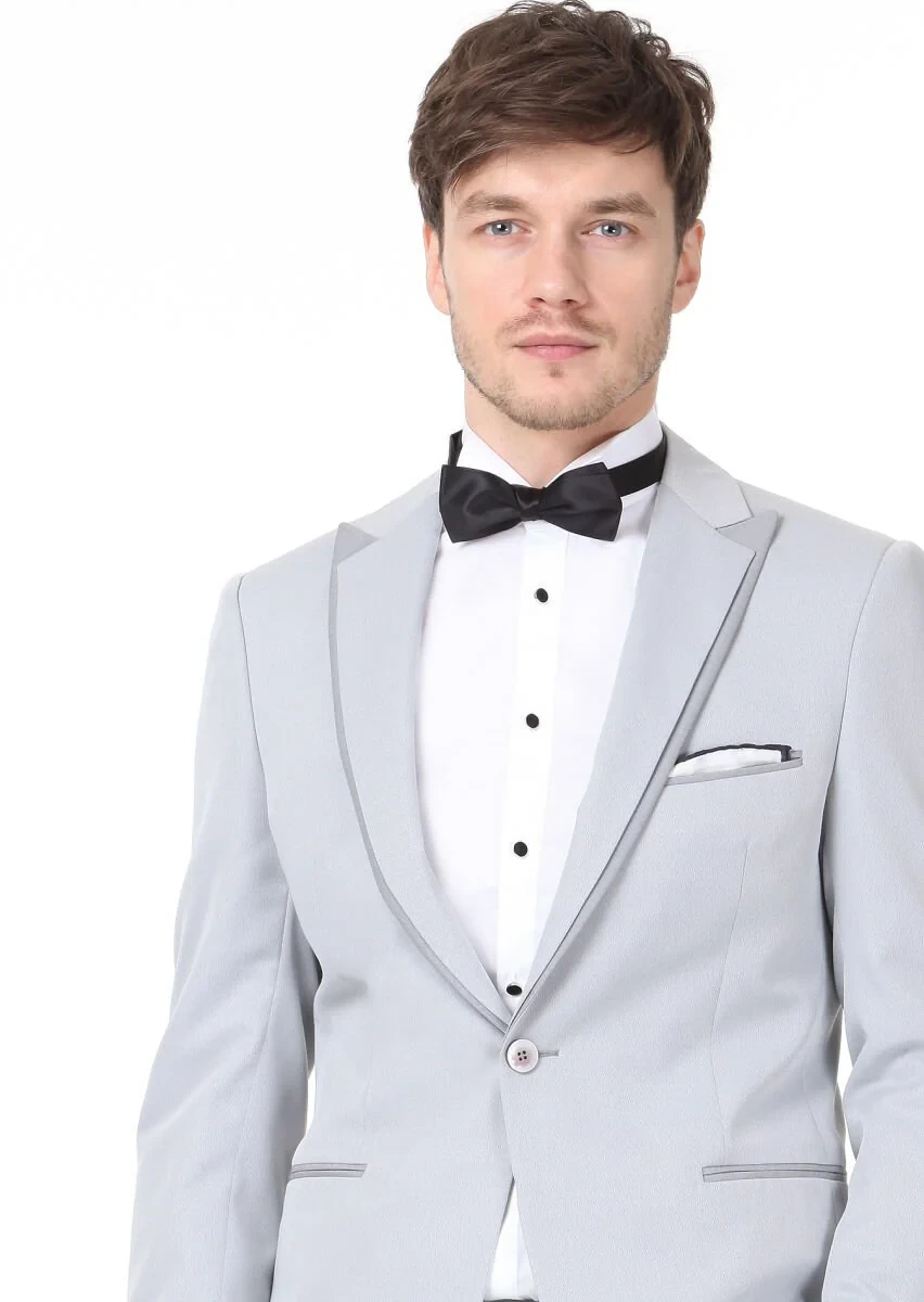 Light Grey Plain Dynamic Fit Double Breasted Collar Weaving Tuxedo - 3
