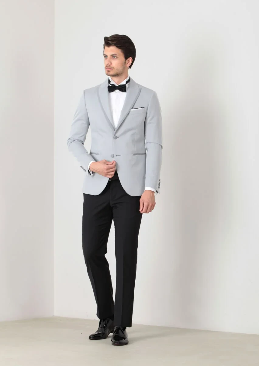 Light Grey Plain Modern Fit Wool Blended Dinner Jacket - 1