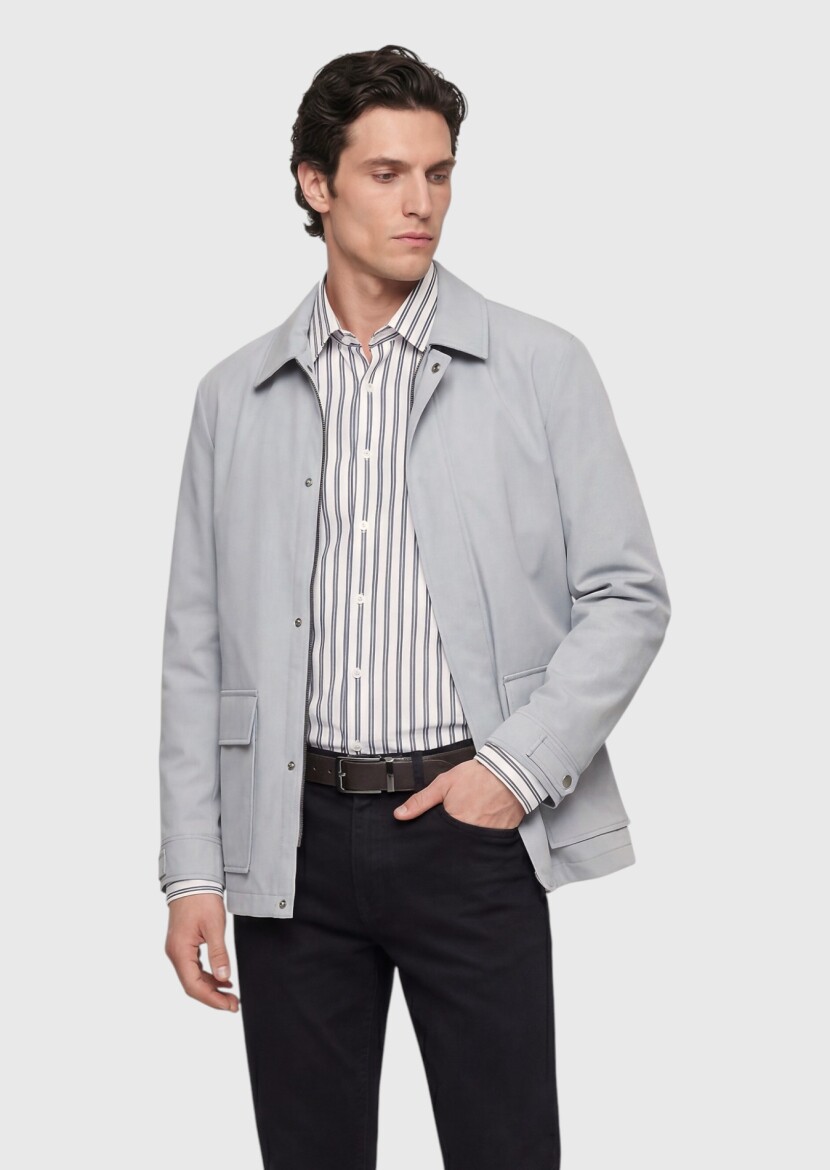 Light Grey Plain Regular Fit Lightweight Jacket - 4