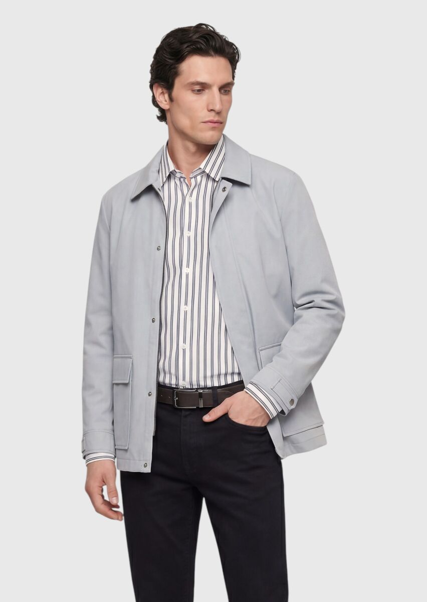 Light Grey Plain Regular Fit Lightweight Jacket - 4