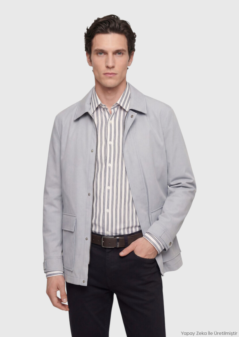 Light Grey Plain Regular Fit Lightweight Jacket - RAMSEY