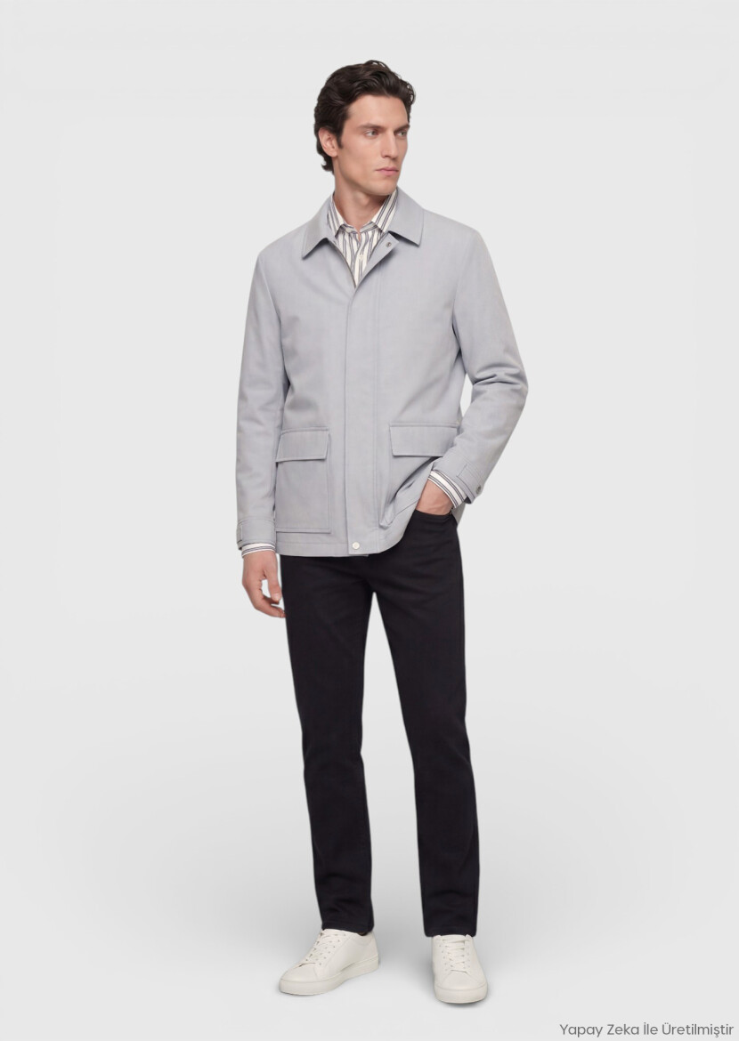 Light Grey Plain Regular Fit Lightweight Jacket - RAMSEY