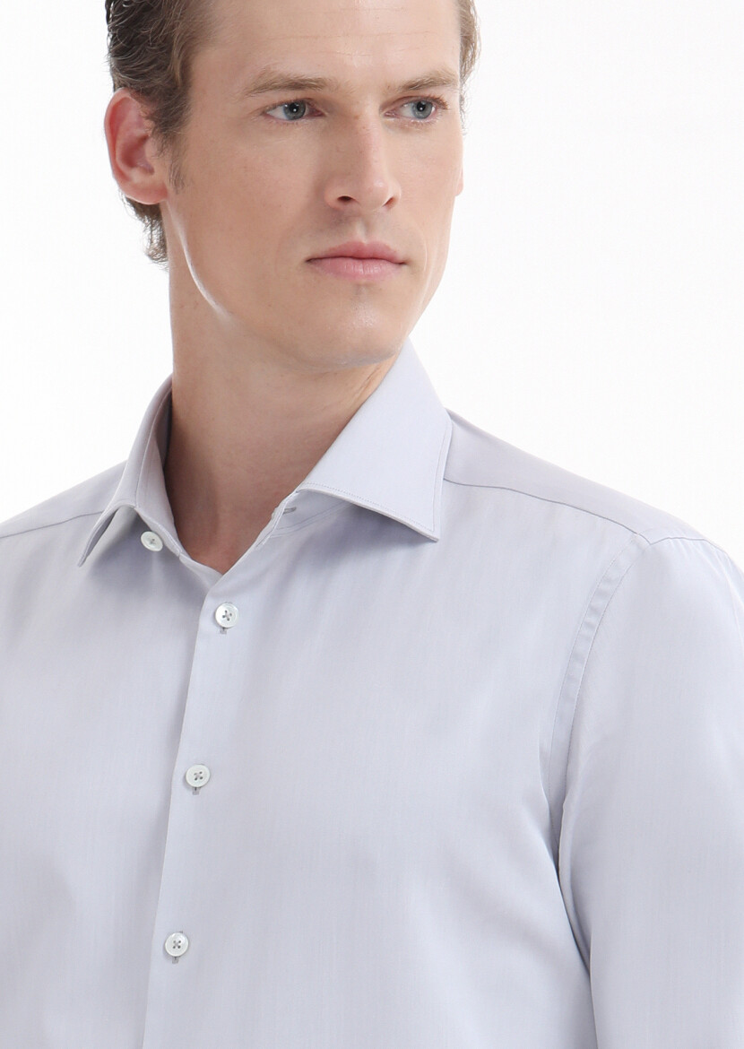 Light Grey Plain Regular Fit Long Weaving Classical 100% Cotton Shirt - 3