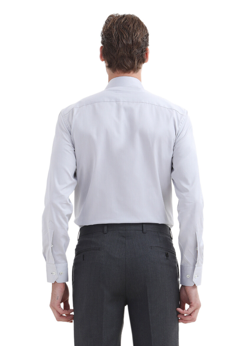 Light Grey Plain Regular Fit Long Weaving Classical 100% Cotton Shirt - 4
