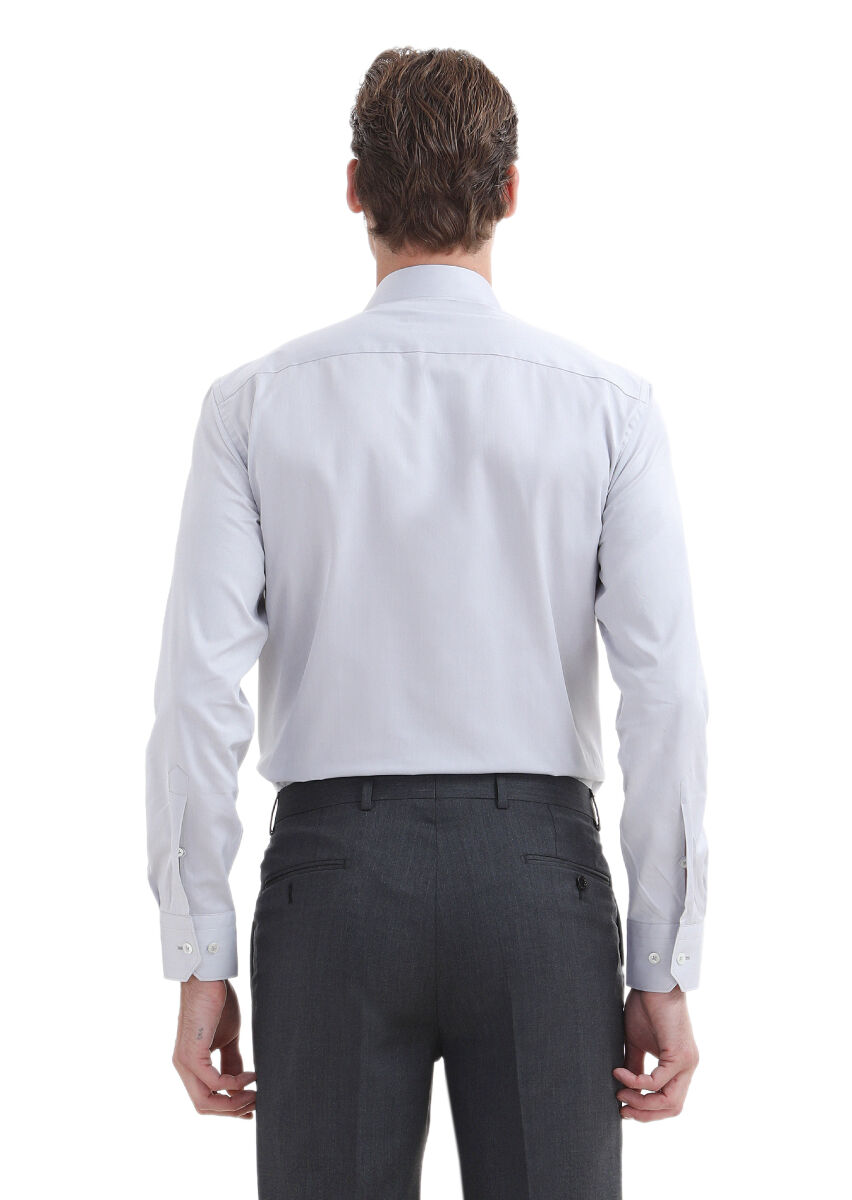 Light Grey Plain Regular Fit Long Weaving Classical 100% Cotton Shirt - 4