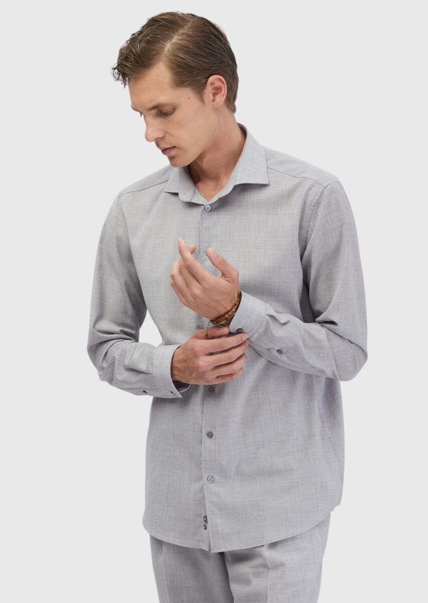 Light Grey Plain Regular Fit Long Weaving Classical 100% Wool Shirt - 3