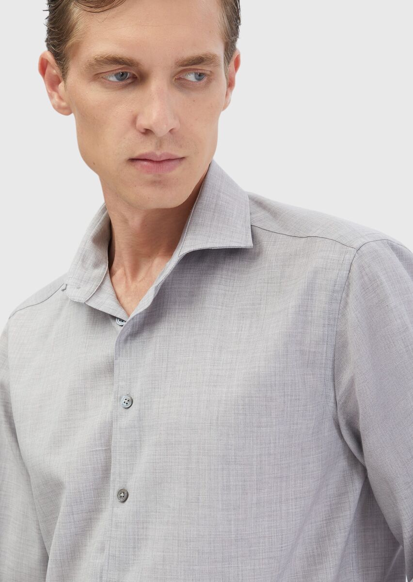 Light Grey Plain Regular Fit Long Weaving Classical 100% Wool Shirt - 5