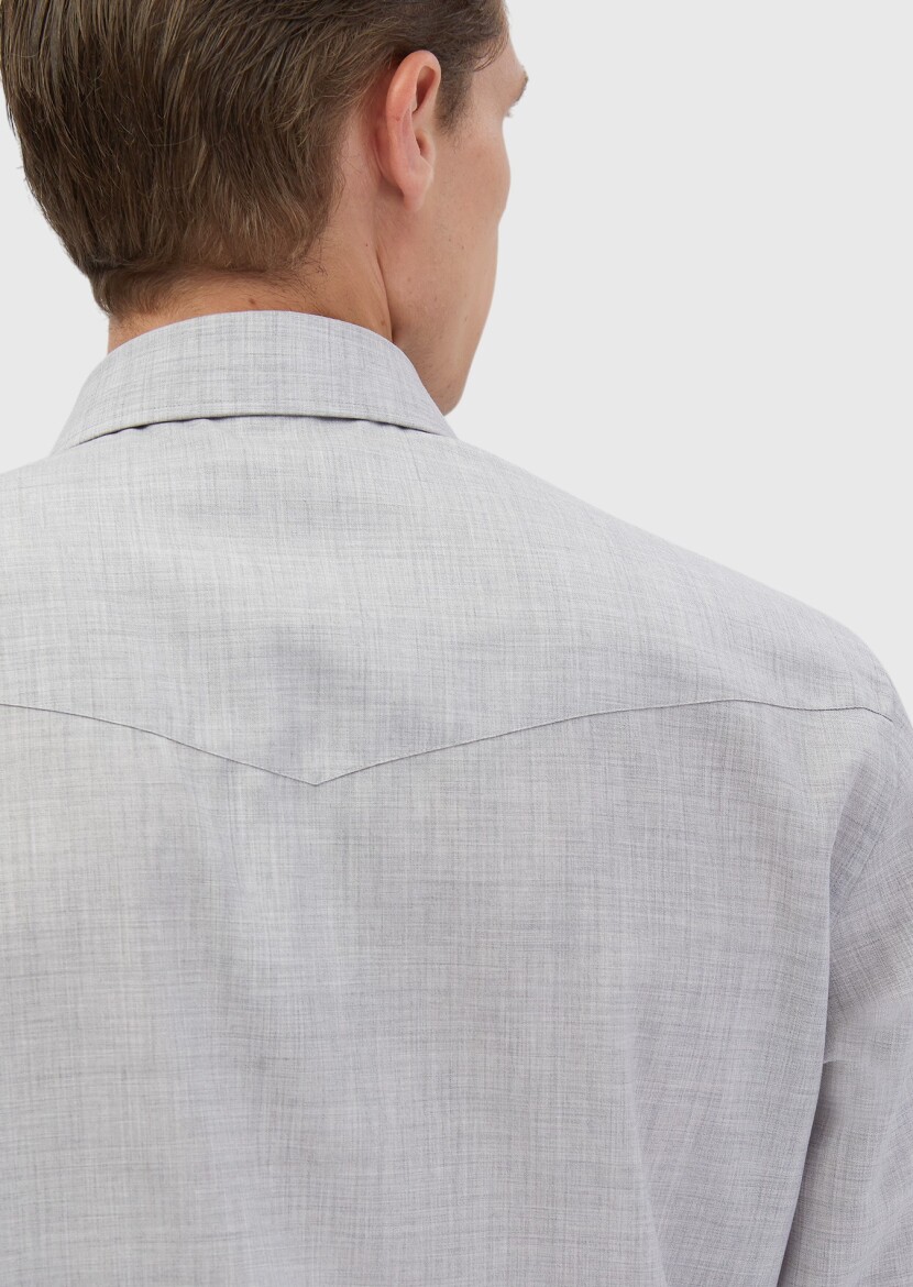 Light Grey Plain Regular Fit Long Weaving Classical 100% Wool Shirt - 6