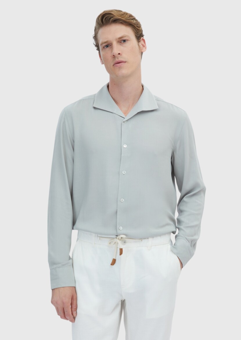 Light Grey Plain Regular Fit Long Weaving Classical Shirt - 2